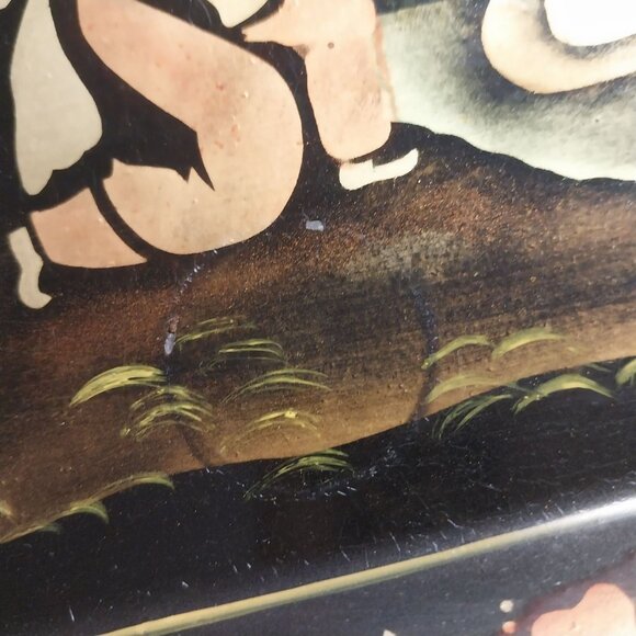 Vintage Metal Toleware Tray Woman Feeding Swan Black Gold Mid-Century Hand Paint - Picture 5 of 9